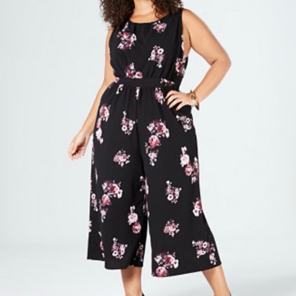 Eyeshadow Trendy Plus Size Floral-Print Knit Cropped Jumpsuit Sz 1x